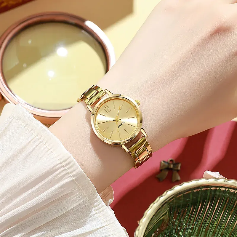 Luxury Women's Fashion Gold Bracelet Quartz Watch Set - Simple Dial Hollow Strap, Ideal for Students and Ladies, Elegant Casual Wristwatch thumbnail 4