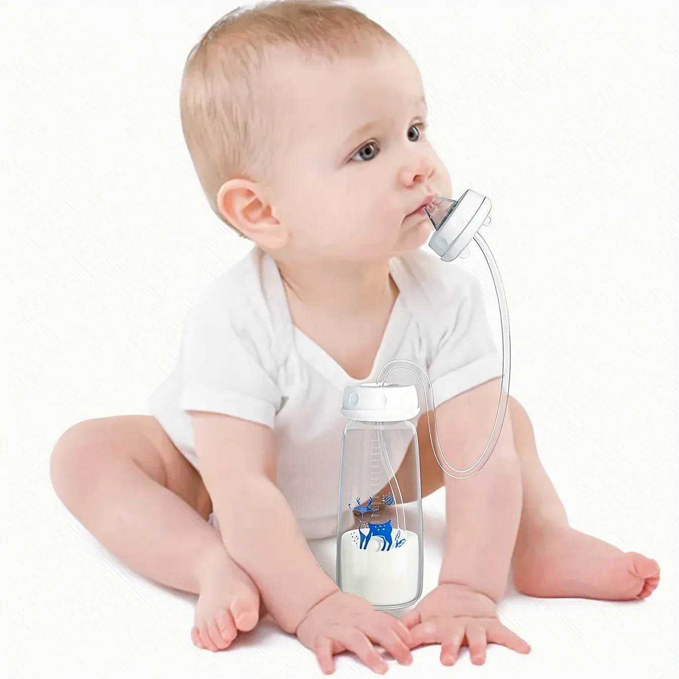 8oz/240ml PP Baby Bottle with Straw Brush - Hands-Free Feeding Set for Easy Mealtime for Infants