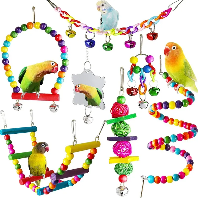 7-Piece Wooden Parrot Toy Set for Birds - Chew, Climb, Swing, and Play Accessories with Bells - Safe, Non-Toxic Pet Supplies for Cages showcase 1