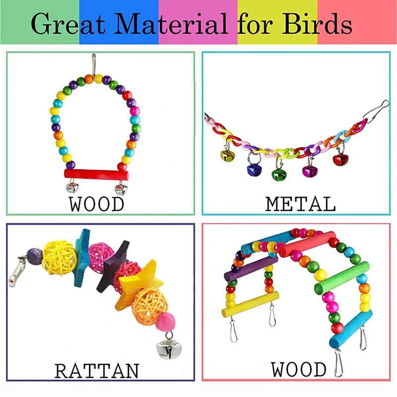 7-Piece Wooden Parrot Toy Set for Birds - Chew, Climb, Swing, and Play Accessories with Bells - Safe, Non-Toxic Pet Supplies for Cages - Image 2