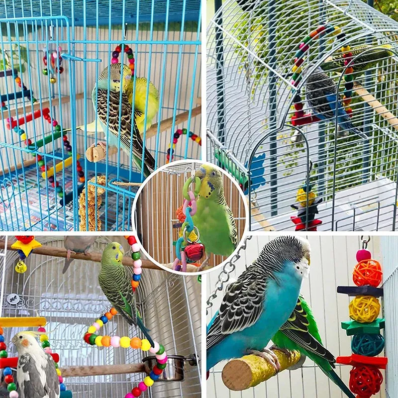 7-Piece Wooden Parrot Toy Set for Birds - Chew, Climb, Swing, and Play Accessories with Bells - Safe, Non-Toxic Pet Supplies for Cages - Image 6
