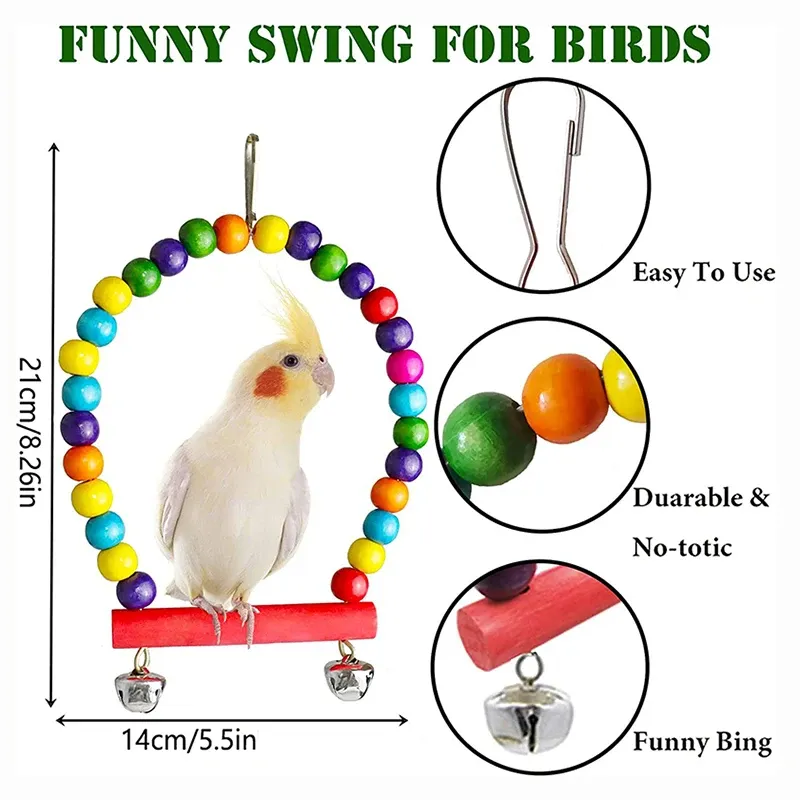 7-Piece Wooden Parrot Toy Set for Birds - Chew, Climb, Swing, and Play Accessories with Bells - Safe, Non-Toxic Pet Supplies for Cages - Image 3