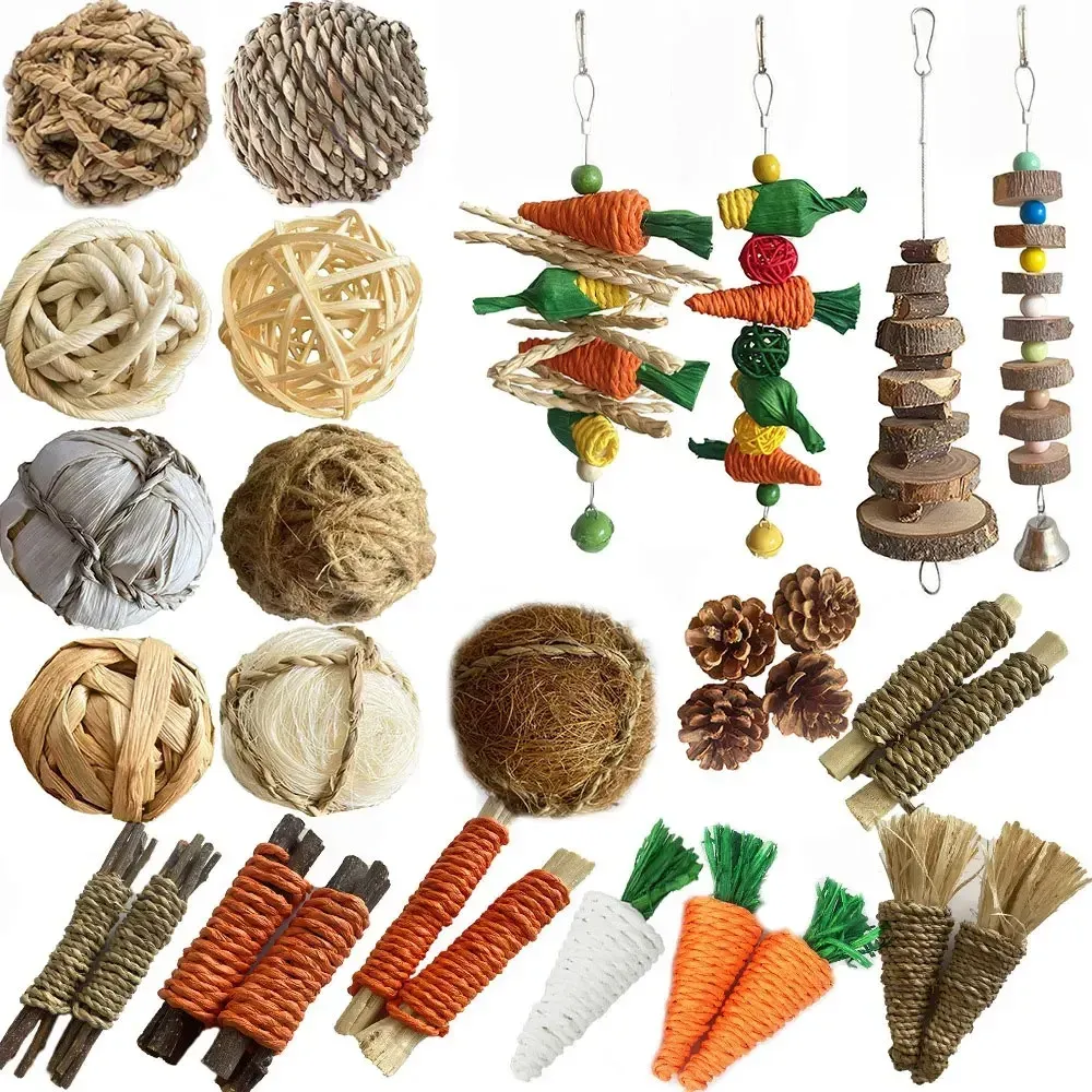 Natural Chew Toys for Small Pets: Rabbit, Hamster, Parrot - Apple Branch, Straw Rope, Corn Rattan Ball - Bird Cage Hanging Accessories thumbnail 1