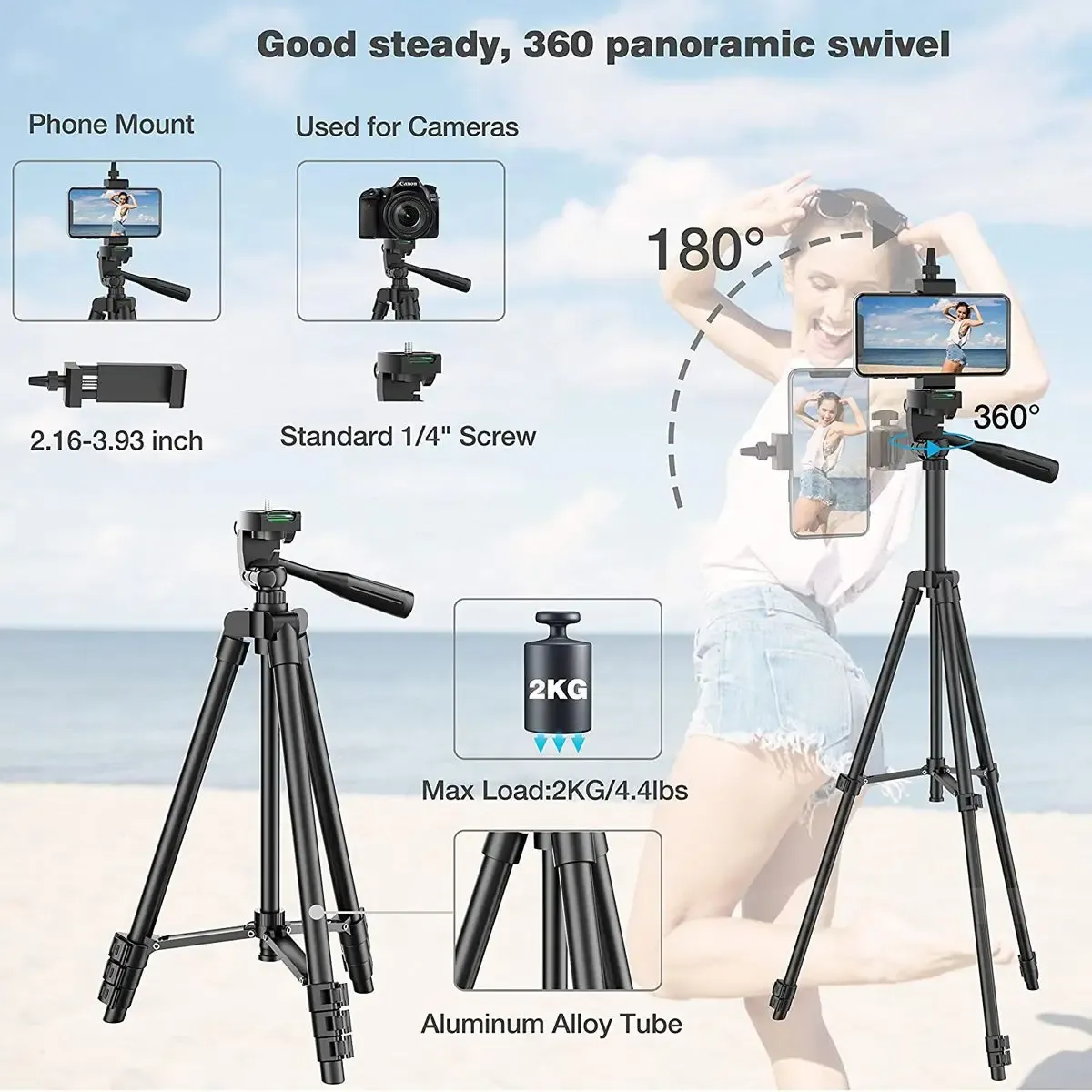 102cm Universal Phone Tripod Stand with Bluetooth Remote - Professional Video Recording & Photography Holder for Smartphones and Cameras thumbnail 3