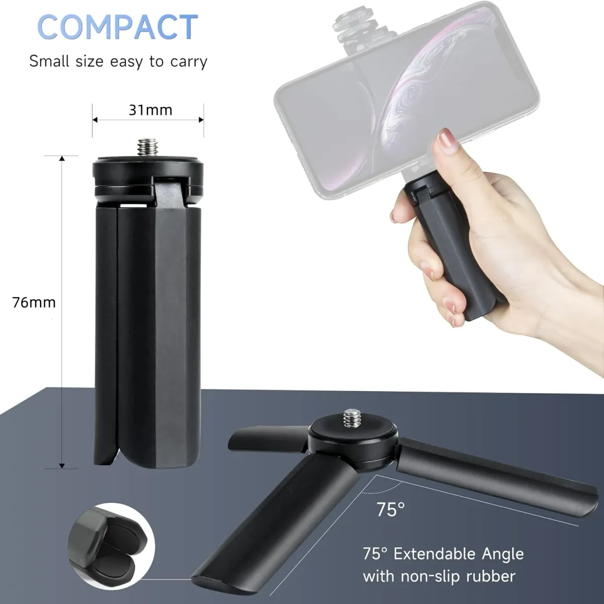 Portable Mini Table Tripod Stand with 1/4" Screw - Ideal for GoPro, Cameras, Phones, Ring Lights, Gimbals & Vlogging showcase 2