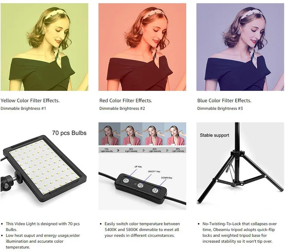 Portable LED Video Light Kit with Tripod Stand & RGB Filters - 70 LEDs, 10W, 5600K, USB Powered for Studio Photography, YouTube Streaming, Product Shoots showcase 9