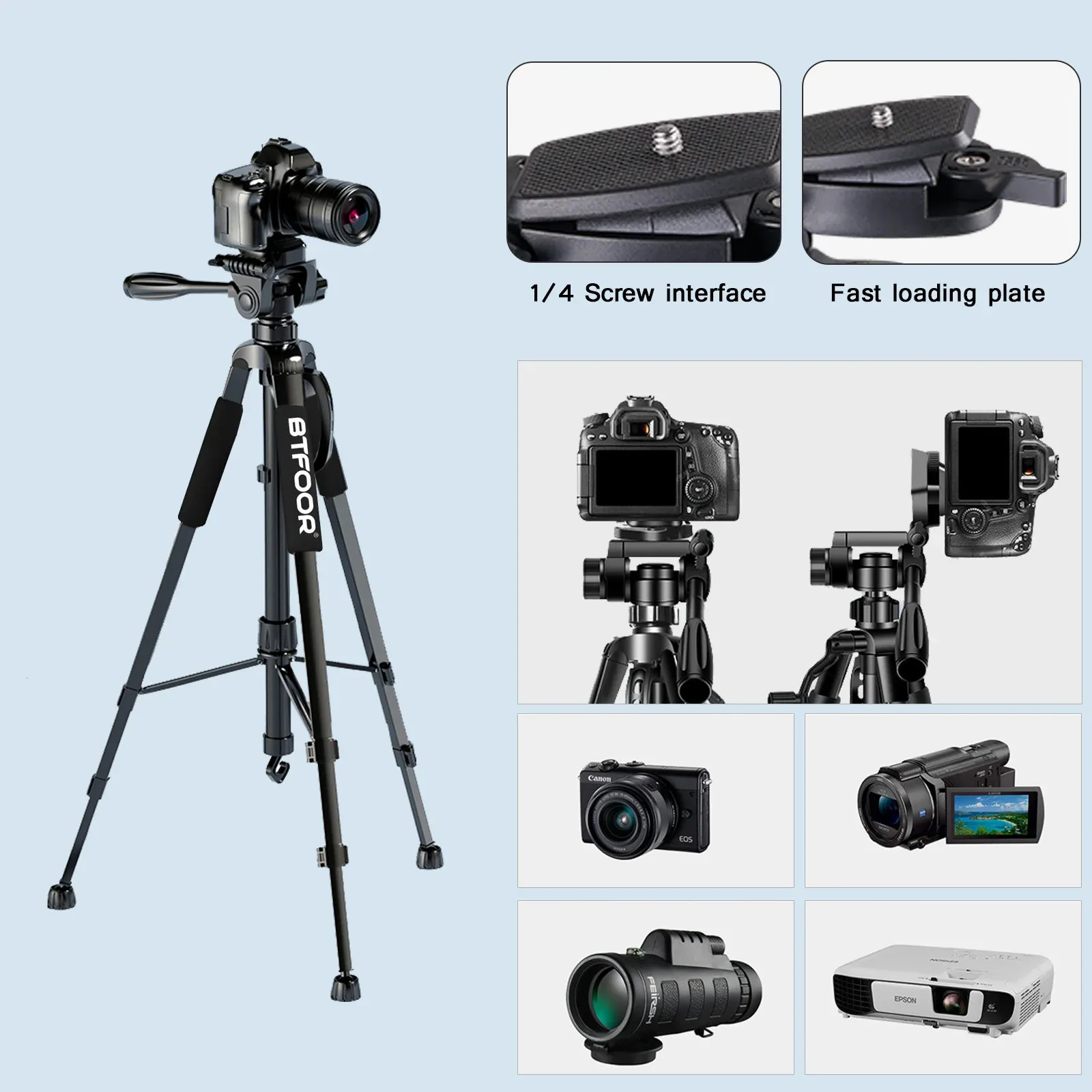 Professional 55" 140cm Aluminum Tripod Stand with Quick Release Plates and Pan Head for Canon Nikon DSLR SLR Digital Cameras, Ideal for Travel and Self-Recording thumbnail 3