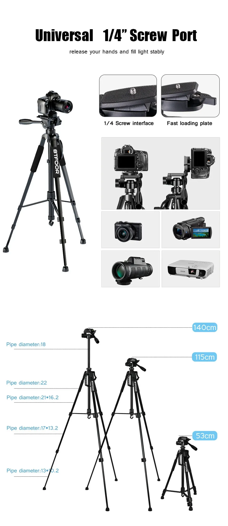 Professional 55" 140cm Aluminum Tripod Stand with Quick Release Plates and Pan Head for Canon Nikon DSLR SLR Digital Cameras, Ideal for Travel and Self-Recording showcase 4