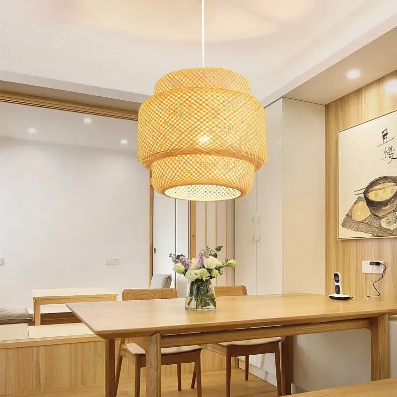 Modern Hand-Woven Bamboo Pendant Light Chandelier - 30cm Natural Bamboo Art Lantern for Dining Room, Bedroom, and Living Spaces thumbnail 1