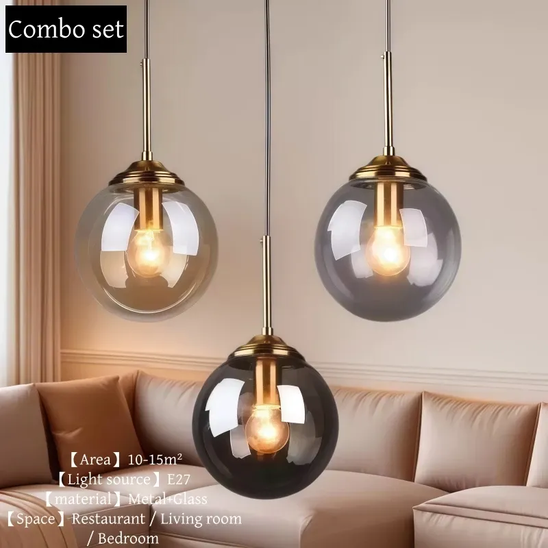 Modern Luxury Metal LED Glass Pendant Light Fixture, Nordic Creative Chandelier for Living Room, Dining Room, Bedroom, Bar - Amber, Transparent, Smoky Gray thumbnail 2