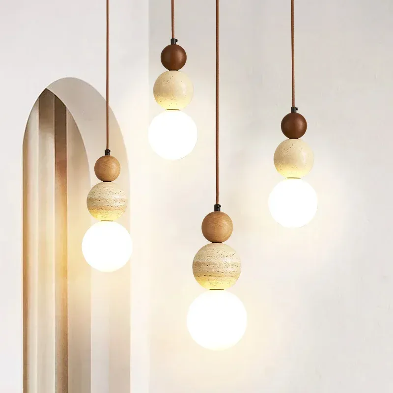 Cream Style Pendant Lamp, Bauhaus Medieval Designer LED Chandelier for Bedroom Bedside, Restaurant, Bar - Wood & Stone Accents, Ambient Lighting thumbnail 3