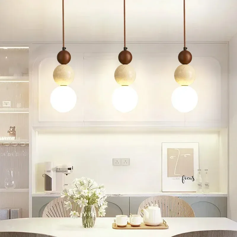 Cream Style Pendant Lamp, Bauhaus Medieval Designer LED Chandelier for Bedroom Bedside, Restaurant, Bar - Wood & Stone Accents, Ambient Lighting thumbnail 4