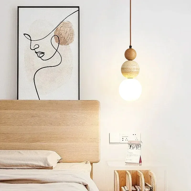 Cream Style Pendant Lamp, Bauhaus Medieval Designer LED Chandelier for Bedroom Bedside, Restaurant, Bar - Wood & Stone Accents, Ambient Lighting thumbnail 5