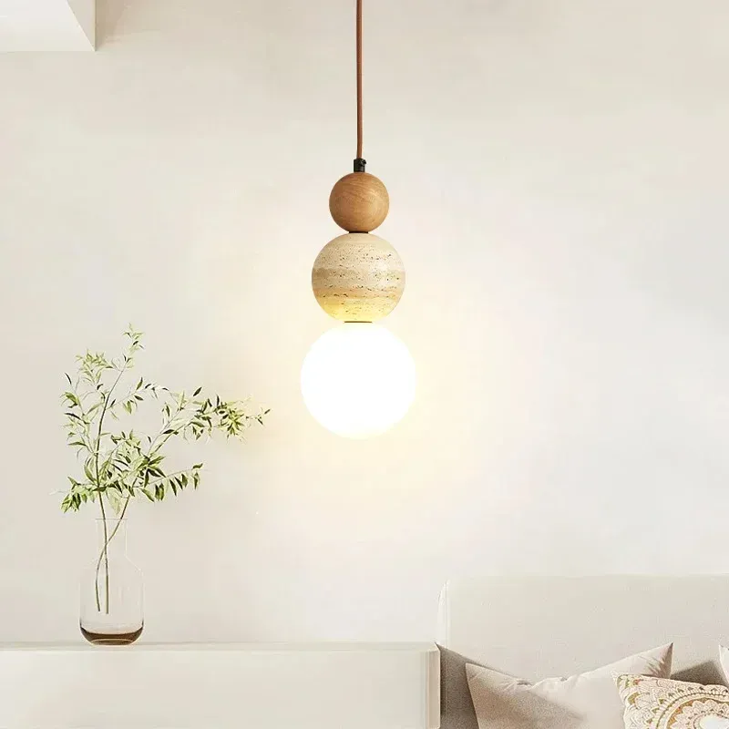 Cream Style Pendant Lamp, Bauhaus Medieval Designer LED Chandelier for Bedroom Bedside, Restaurant, Bar - Wood & Stone Accents, Ambient Lighting thumbnail 6