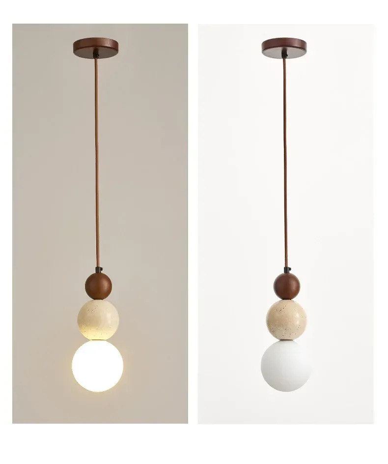 Cream Style Pendant Lamp, Bauhaus Medieval Designer LED Chandelier for Bedroom Bedside, Restaurant, Bar - Wood & Stone Accents, Ambient Lighting showcase 11