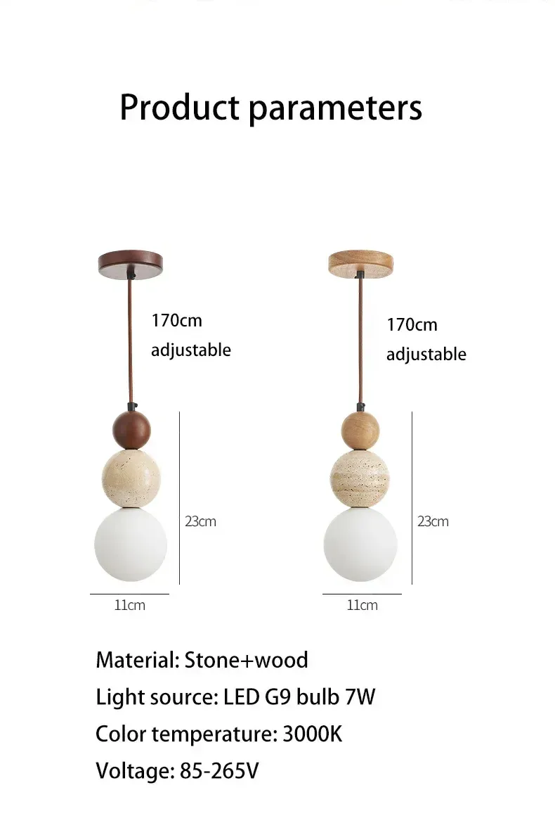 Cream Style Pendant Lamp, Bauhaus Medieval Designer LED Chandelier for Bedroom Bedside, Restaurant, Bar - Wood & Stone Accents, Ambient Lighting showcase 14