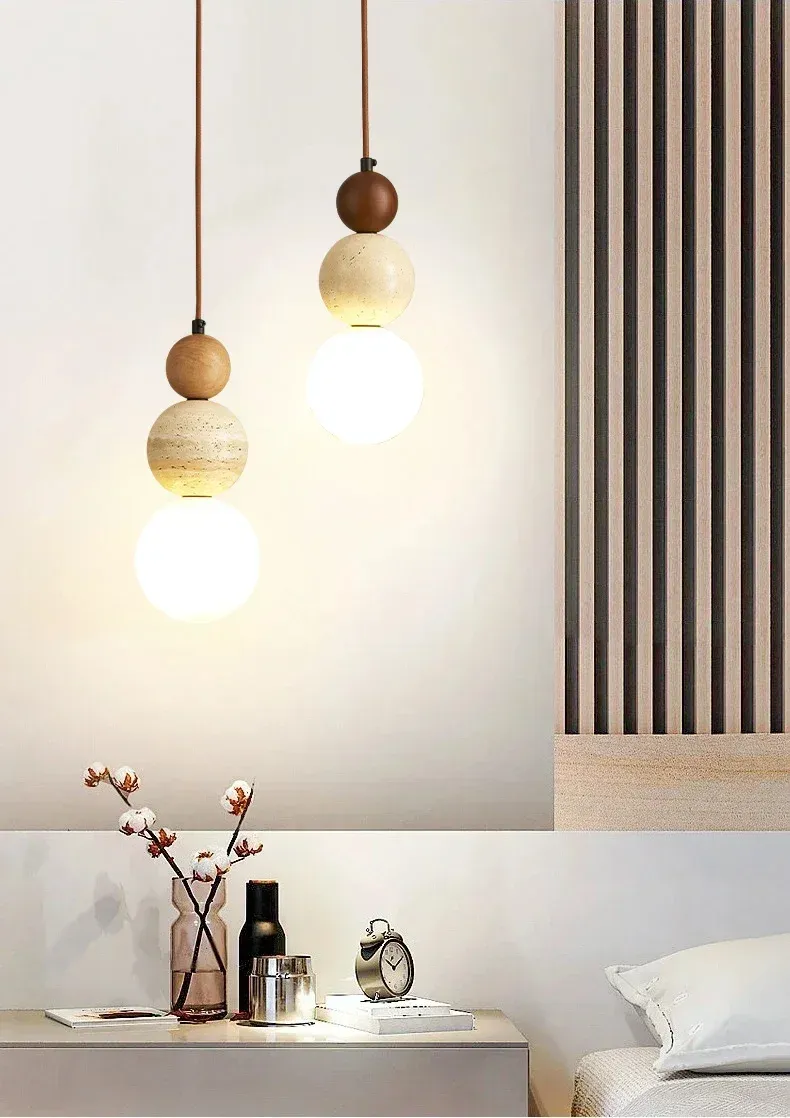 Cream Style Pendant Lamp, Bauhaus Medieval Designer LED Chandelier for Bedroom Bedside, Restaurant, Bar - Wood & Stone Accents, Ambient Lighting showcase 13