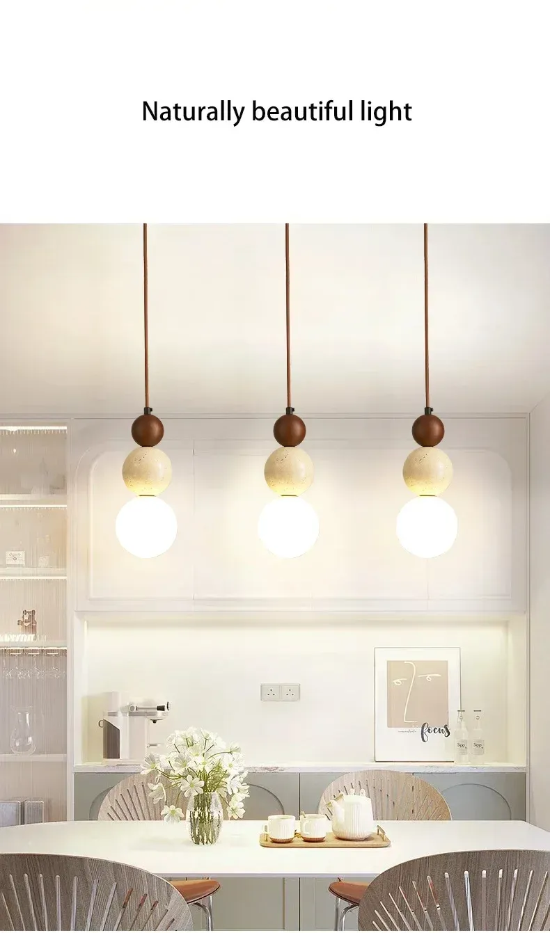 Cream Style Pendant Lamp, Bauhaus Medieval Designer LED Chandelier for Bedroom Bedside, Restaurant, Bar - Wood & Stone Accents, Ambient Lighting showcase 5