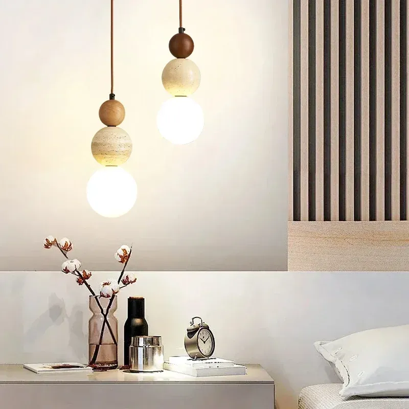 Cream Style Pendant Lamp - Modern Bauhaus Medieval Designer LED Chandelier for Bedroom Bedside, Restaurant, Bar - Wood & Stone Accents thumbnail 1