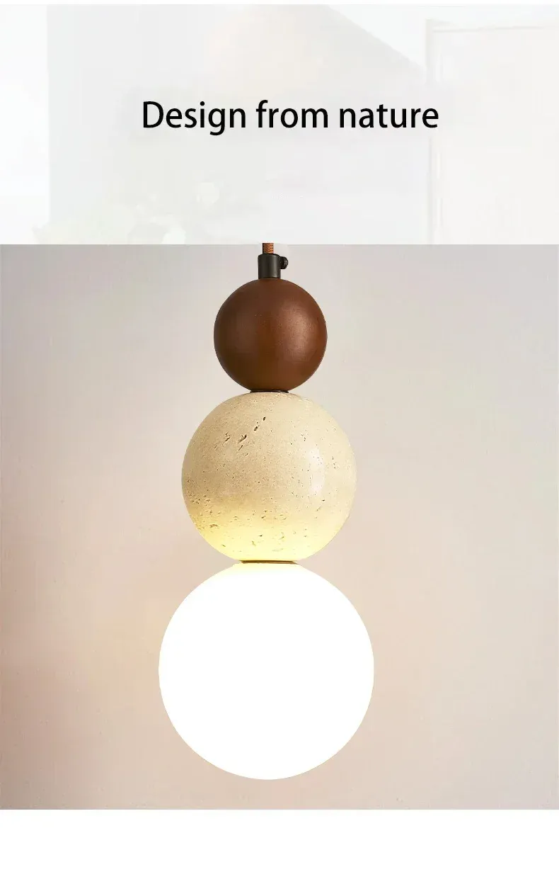 Cream Style Pendant Lamp - Modern Bauhaus Medieval Designer LED Chandelier for Bedroom Bedside, Restaurant, Bar - Wood & Stone Accents showcase 2