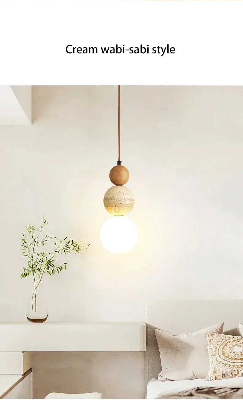Cream Style Pendant Lamp - Modern Bauhaus Medieval Designer LED Chandelier for Bedroom Bedside, Restaurant, Bar - Wood & Stone Accents showcase 4