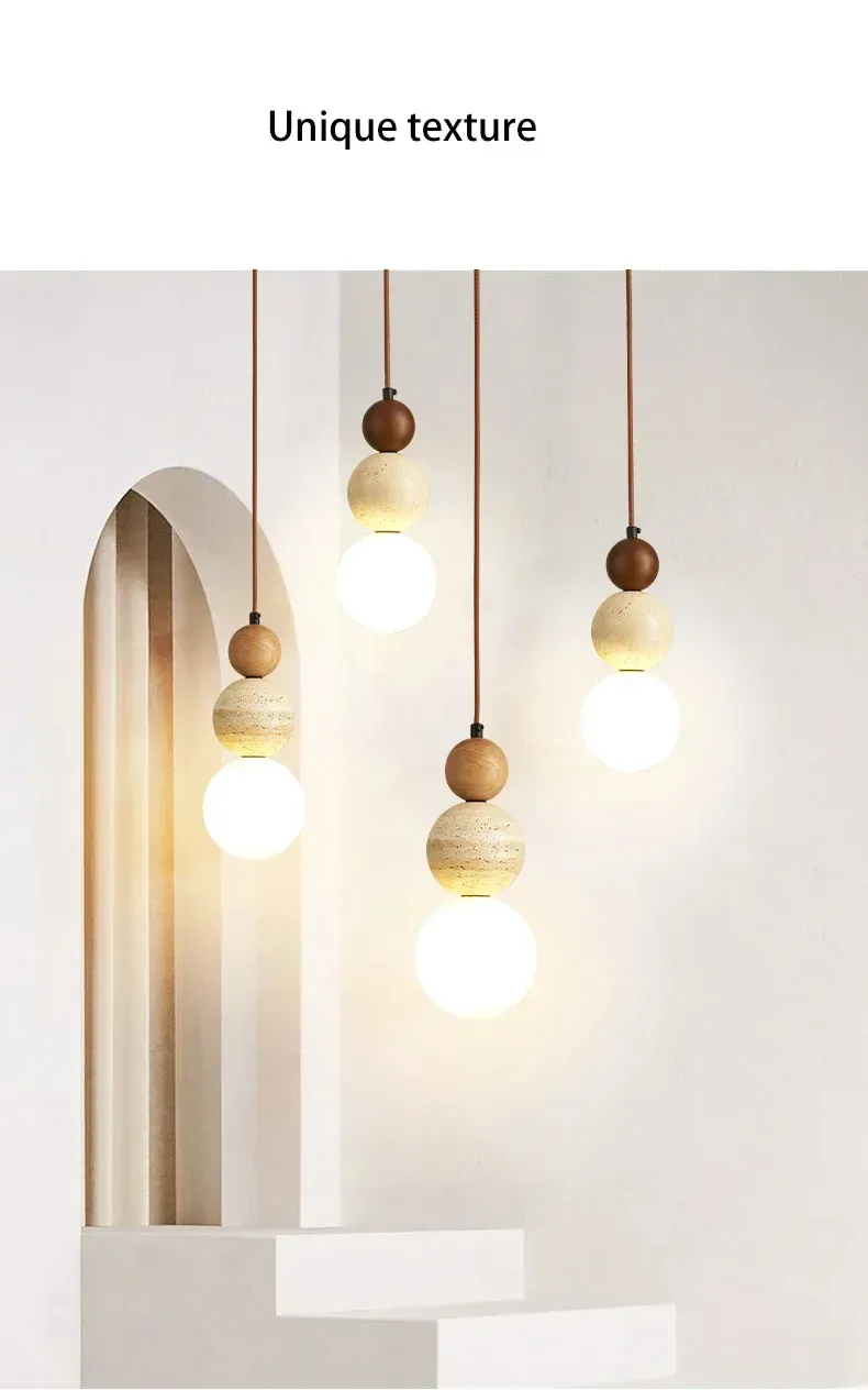 Cream Style Pendant Lamp - Modern Bauhaus Medieval Designer LED Chandelier for Bedroom Bedside, Restaurant, Bar - Wood & Stone Accents showcase 6