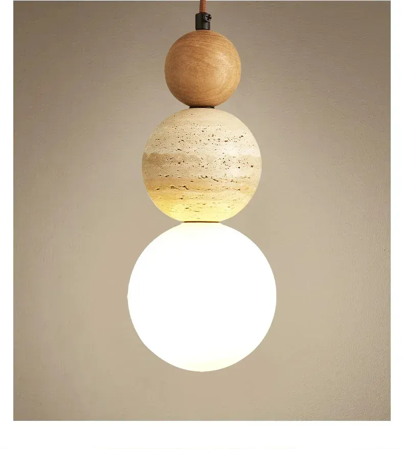 Cream Style Pendant Lamp - Modern Bauhaus Medieval Designer LED Chandelier for Bedroom Bedside, Restaurant, Bar - Wood & Stone Accents showcase 9