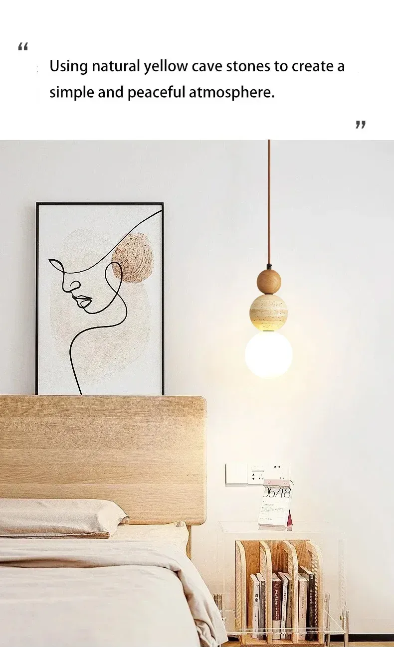 Cream Style Pendant Lamp - Modern Bauhaus Medieval Designer LED Chandelier for Bedroom Bedside, Restaurant, Bar - Wood & Stone Accents showcase 3