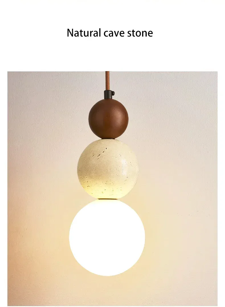Cream Style Pendant Lamp - Modern Bauhaus Medieval Designer LED Chandelier for Bedroom Bedside, Restaurant, Bar - Wood & Stone Accents showcase 7