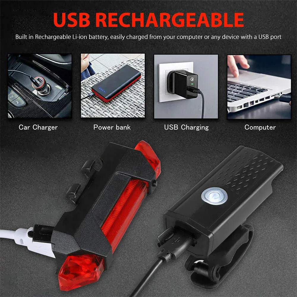 USB Rechargeable Bike Light Set: MTB Front Headlight & Rear Taillight, 300lm Red LED, Multiple Modes, Cycling Safety Flashlight for Night Riding thumbnail 5