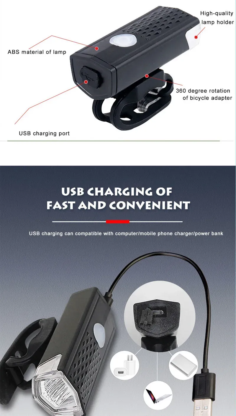 USB Rechargeable Bike Light Set: MTB Front Headlight & Rear Taillight, 300lm Red LED, Multiple Modes, Cycling Safety Flashlight for Night Riding showcase 4
