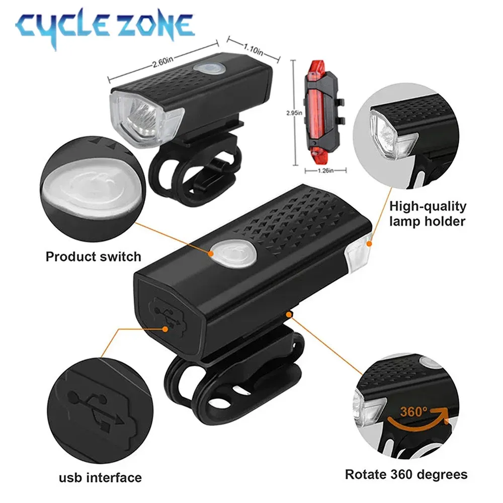 USB Rechargeable Bike Light Set: MTB Front Headlight & Rear Taillight, 300lm Red LED, Multiple Modes, Cycling Safety Flashlight for Night Riding thumbnail 6