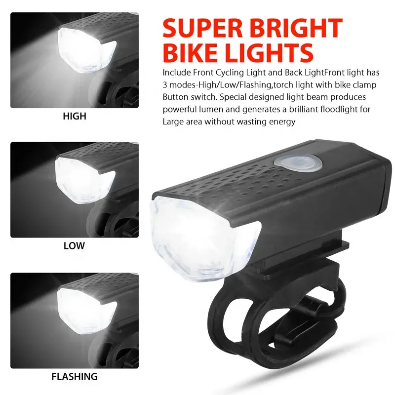 USB Rechargeable Bike Light Set: MTB Front Headlight & Rear Taillight, 300lm Red LED, Multiple Modes, Cycling Safety Flashlight for Night Riding showcase 2