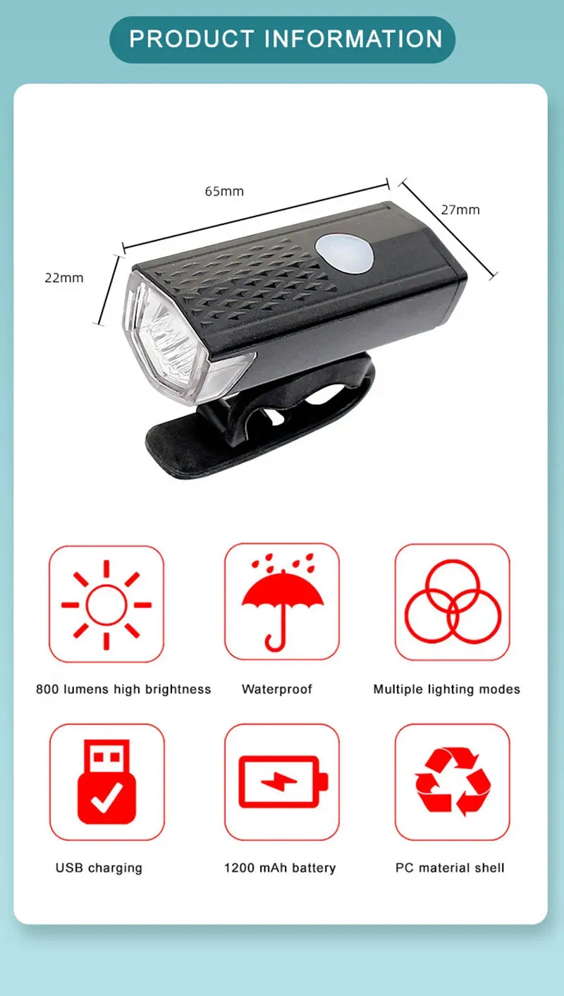 USB Rechargeable Bike Light Set: MTB Front Headlight & Rear Taillight, 300lm Red LED, Multiple Modes, Cycling Safety Flashlight for Night Riding showcase 3