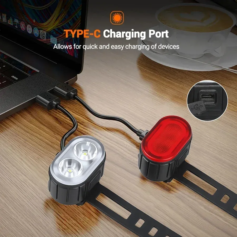 Rechargeable LED Bicycle Light Set - Front Headlight & Rear Taillight, IPX4 Waterproof, USB Type-C Charging, 4 Modes for Night Riding, Mountain & Road Bikes thumbnail 2
