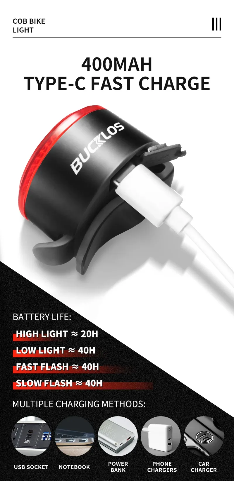 BUCKLOS COB LED Bicycle Light Set: Rechargeable MTB Front & Rear Safety Lanterns, 500lm Brightness, 4 Light Modes, 8-10hr Battery Life, Lightweight Cycling Lamp showcase 5
