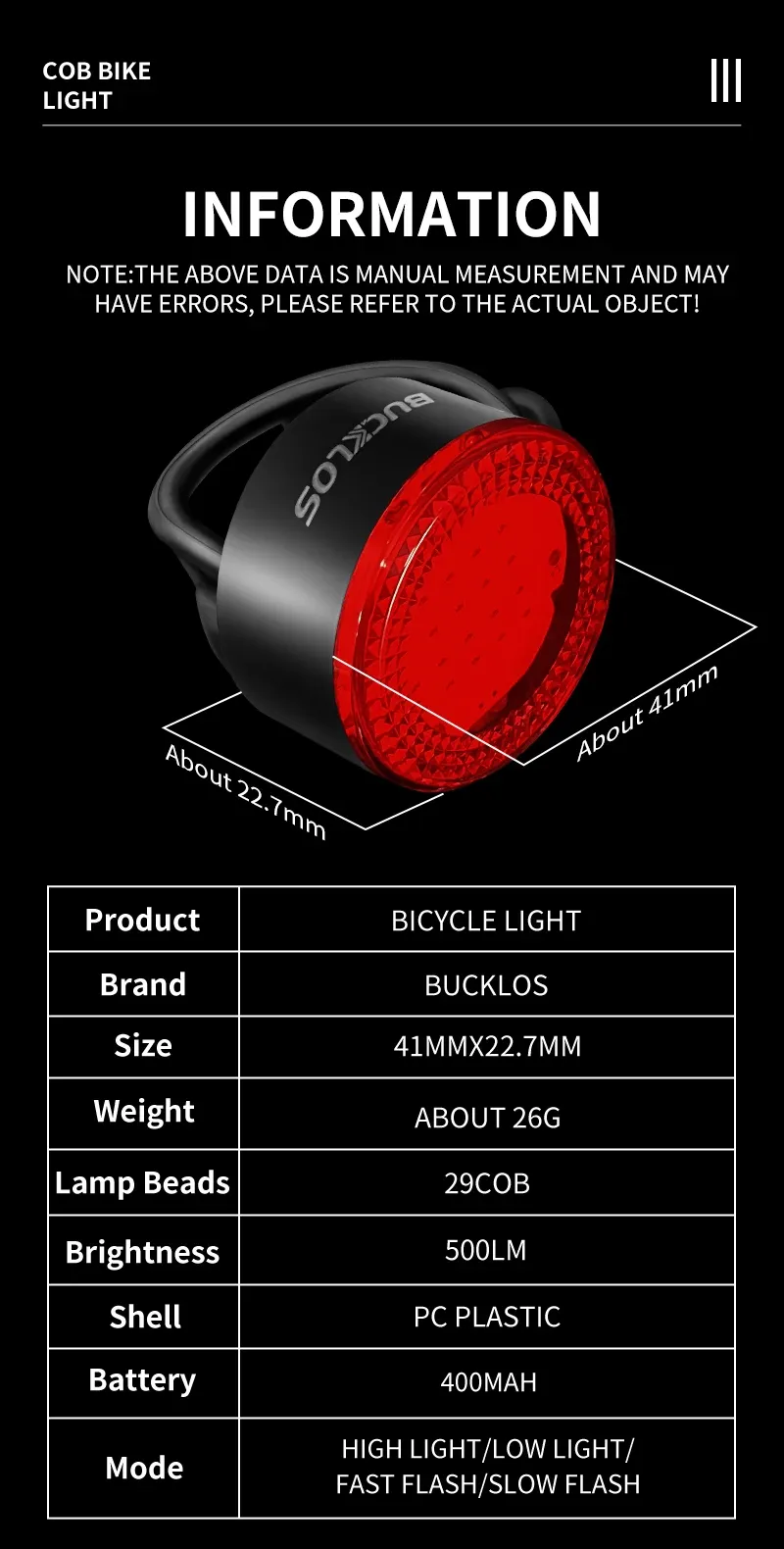 BUCKLOS COB LED Bicycle Light Set: Rechargeable MTB Front & Rear Safety Lanterns, 500lm Brightness, 4 Light Modes, 8-10hr Battery Life, Lightweight Cycling Lamp showcase 2
