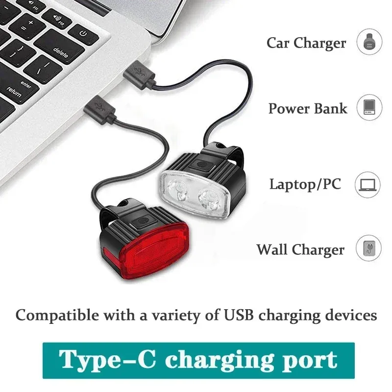 Rechargeable LED Bicycle Light Set - Front Headlight & Rear Taillight, IPX4 Waterproof, 4 Modes, USB Type-C for Road Mountain Biking Night Safety showcase 22
