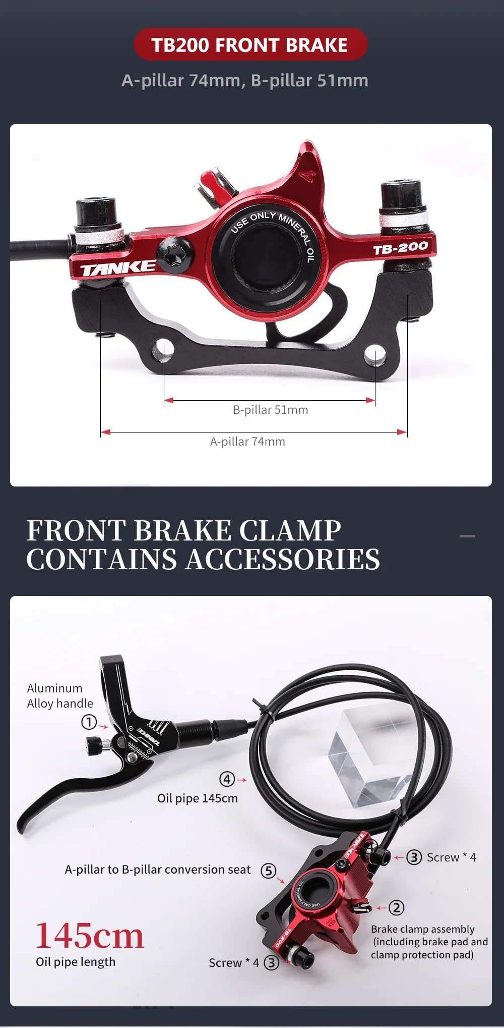 TANKE TB-200 MTB Hydraulic Disc Brake Set - CNC Aluminum Alloy, Mineral Oil, Adjustable Pad Distance, 160mm Rotor Compatible, Bicycle Upgrade Parts for Mountain Bikes showcase 7