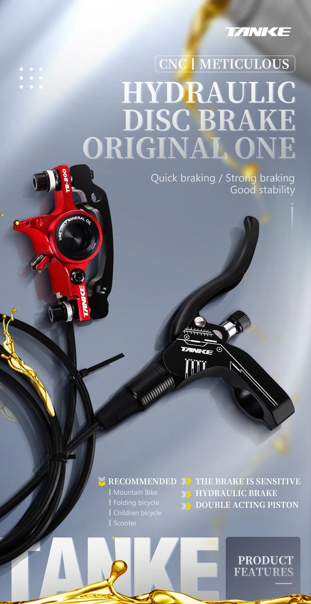 TANKE TB-200 MTB Hydraulic Disc Brake Set - CNC Aluminum Alloy, Mineral Oil, Adjustable Pad Distance, 160mm Rotor Compatible, Bicycle Upgrade Parts for Mountain Bikes showcase 1