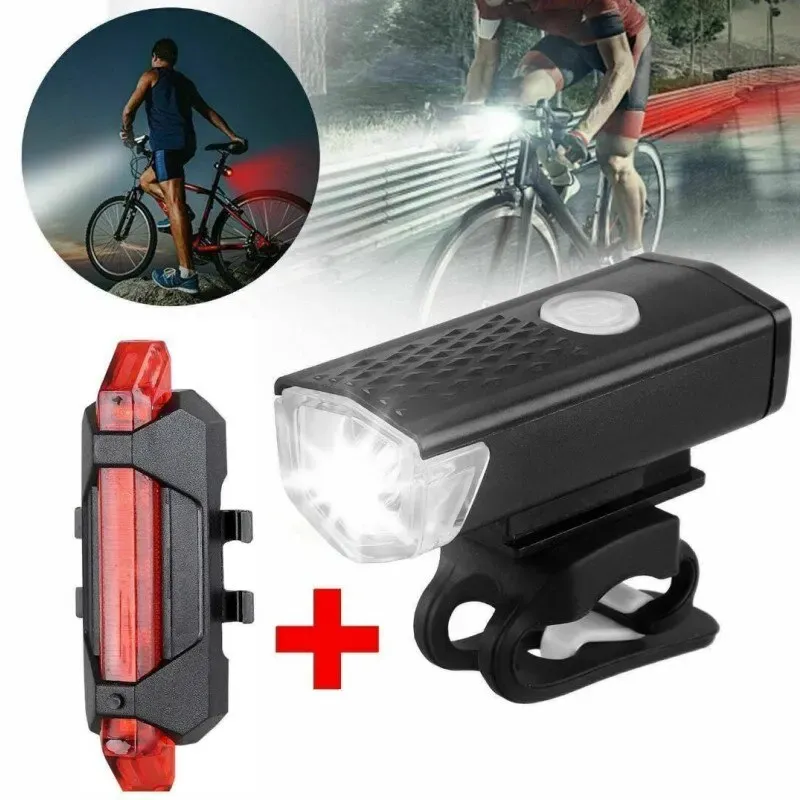 USB Rechargeable Bicycle Light Set - Front LED Headlight & Rear Taillight with 3 Modes, Easy Install, 800mAh Battery, 300lm Brightness for Night Cycling Safety thumbnail 1