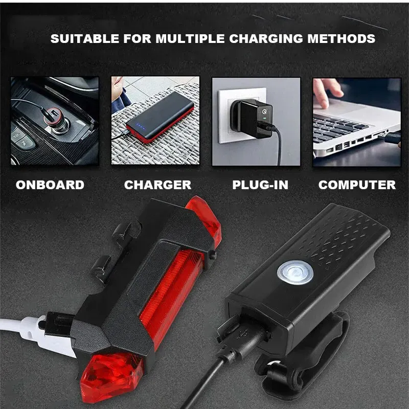 USB Rechargeable Bicycle Light Set - Front LED Headlight & Rear Taillight with 3 Modes, Easy Install, 800mAh Battery, 300lm Brightness for Night Cycling Safety thumbnail 4