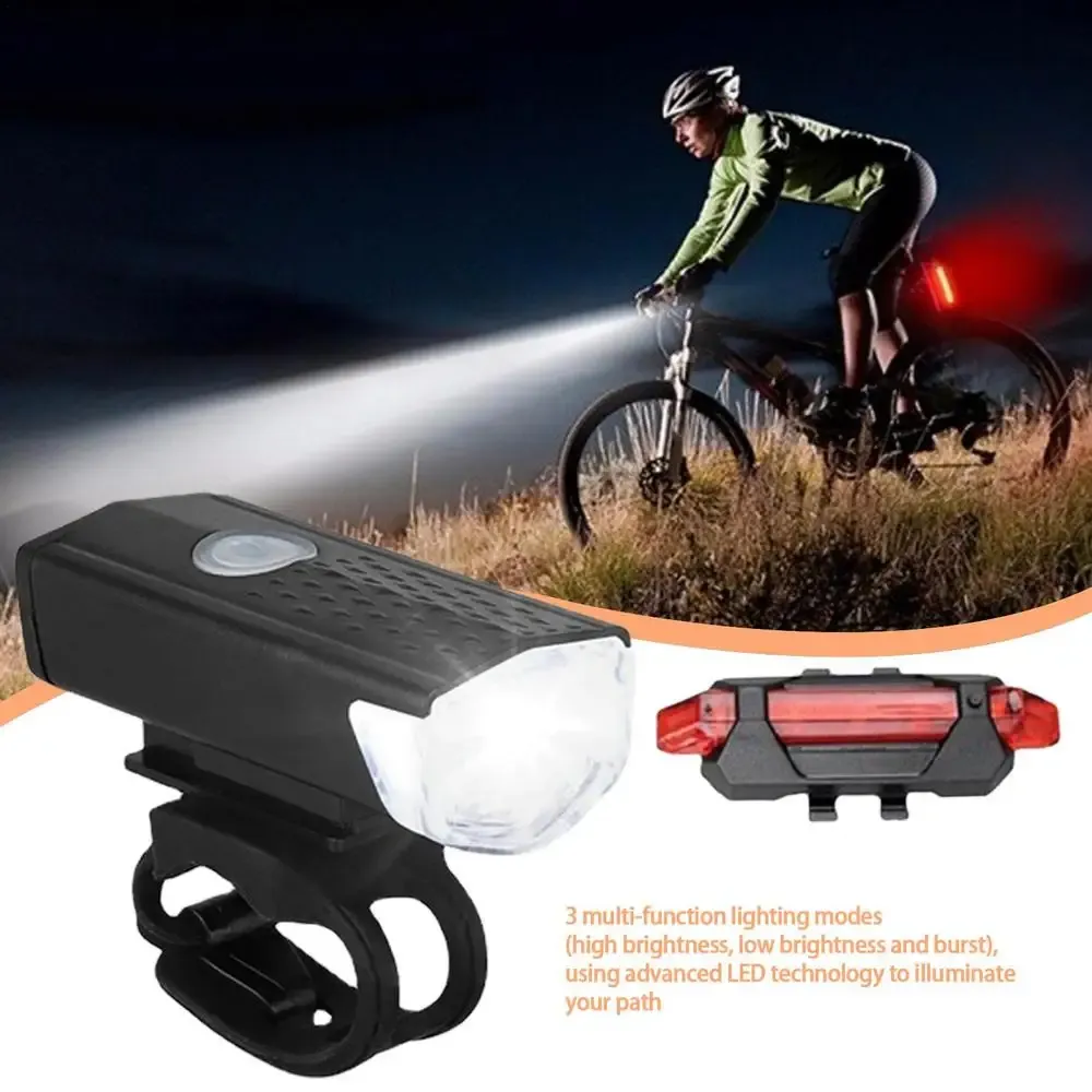 USB Rechargeable Bicycle Light Set - Front LED Headlight & Rear Taillight with 3 Modes, Easy Install, 800mAh Battery, 300lm Brightness for Night Cycling Safety thumbnail 2