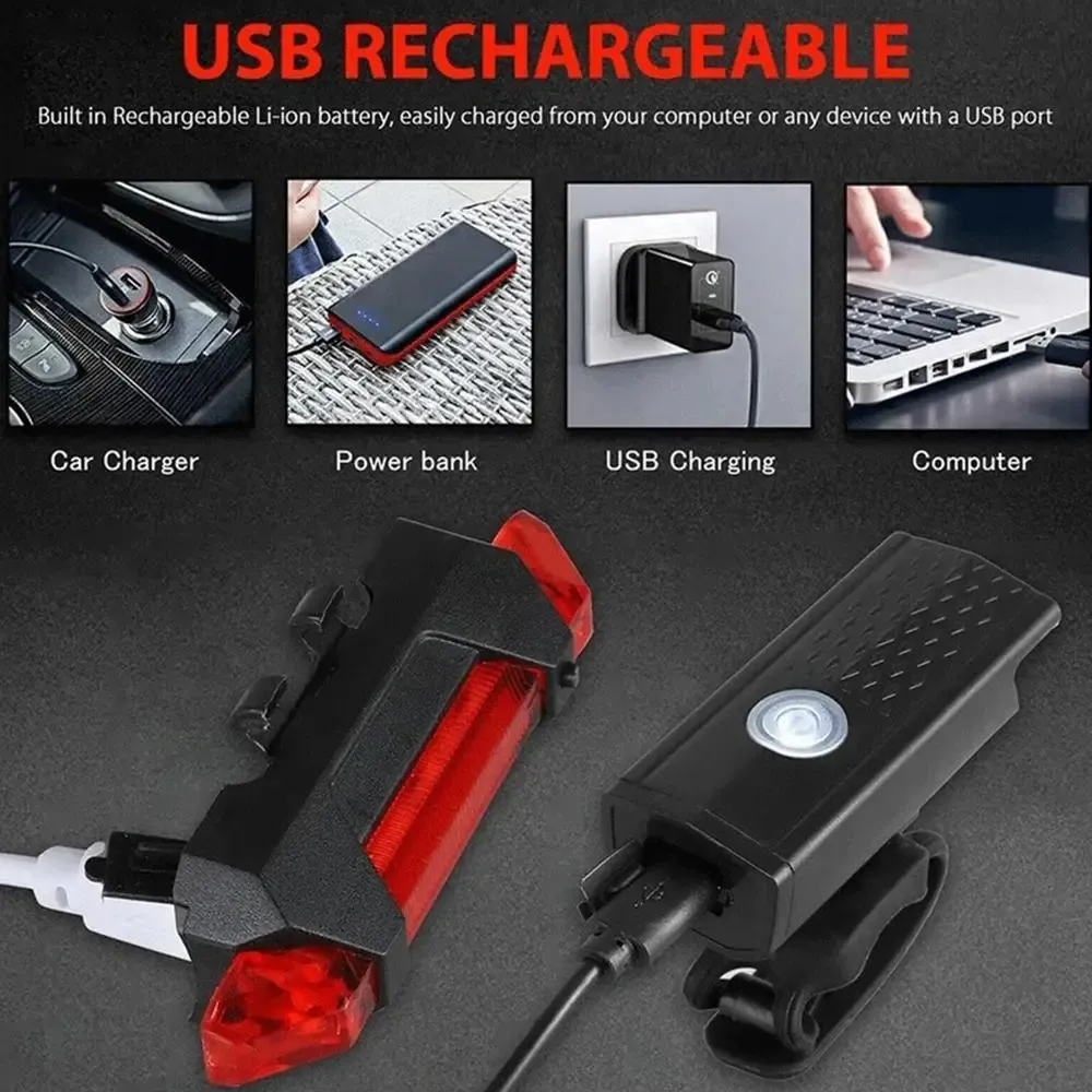 USB Rechargeable Bicycle Light Set - Front LED Headlight & Rear Taillight with 3 Modes, Easy Install, 800mAh Battery, 300lm Brightness for Night Cycling Safety showcase 4