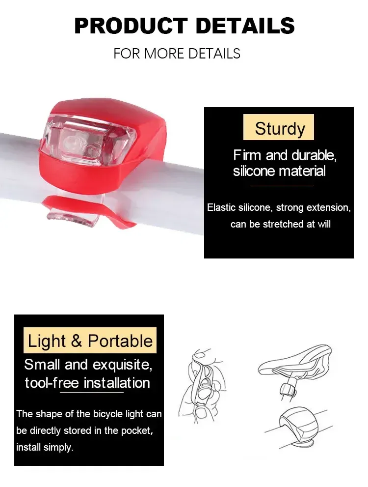 2PCS Silicone LED Bicycle Light Set - Front & Rear Safety Warning Taillight Headlight for Night Riding, Easy Install, 3 Modes, Battery Powered showcase 7