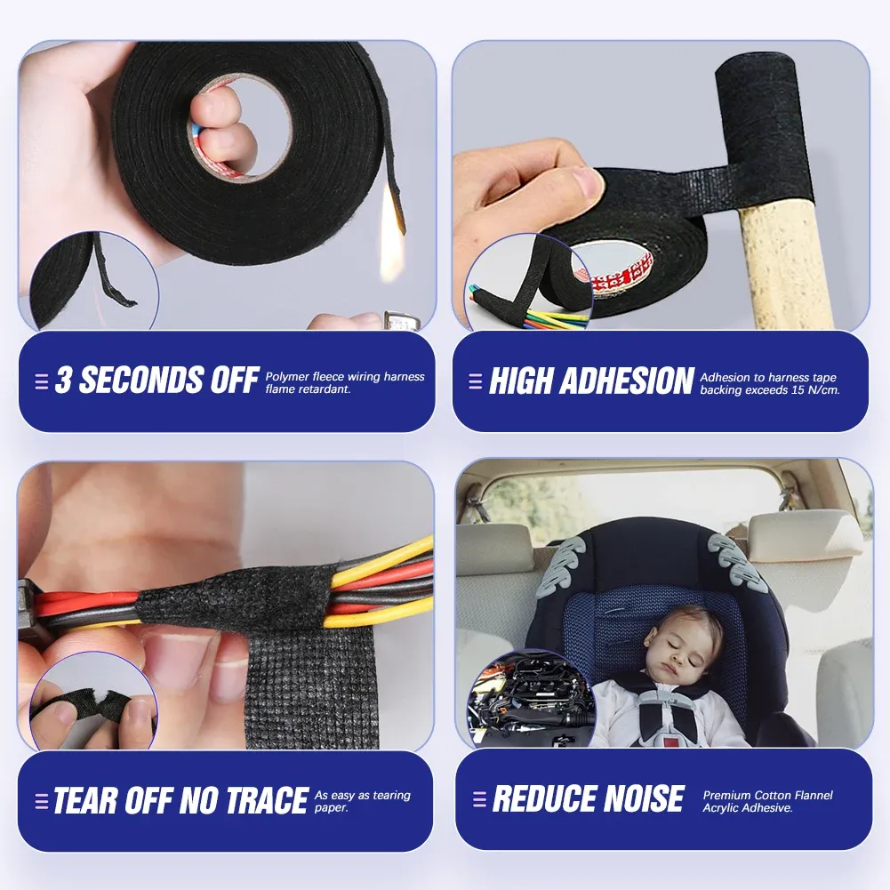 15M Automotive Wiring Harness Cloth Tape - Heat Resistant Adhesive Fabric Loom Tape for Cable Protection, 9/15/19/25/32mm Width, Black thumbnail 6