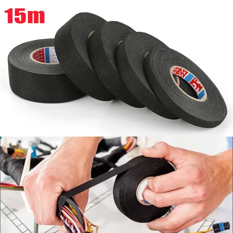 15M Automotive Wiring Harness Cloth Tape - Heat Resistant Adhesive Fabric Loom Tape for Cable Protection, 9/15/19/25/32mm Width, Black thumbnail 1