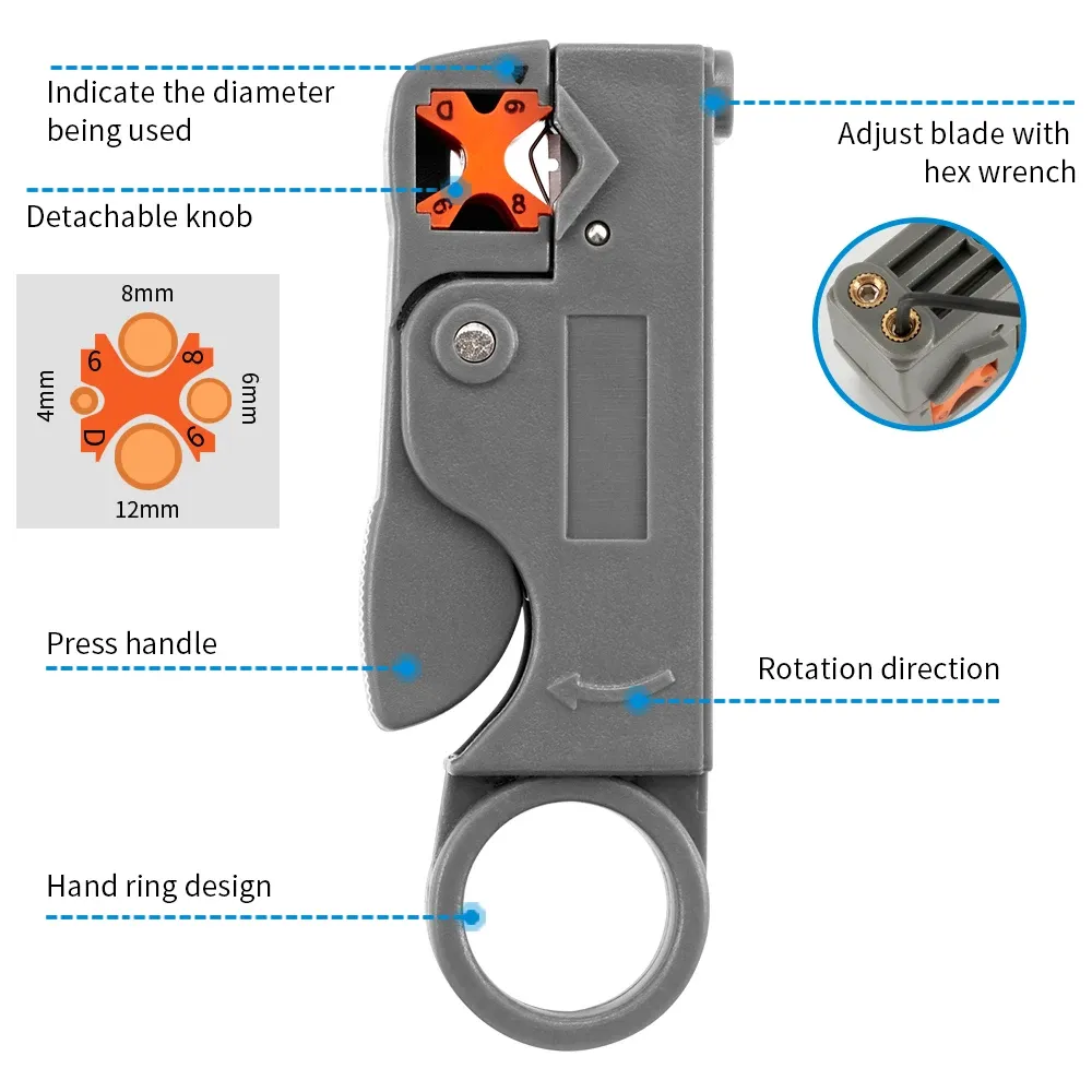 Professional Coaxial Cable Stripper Tool with Hex Wrench for RG58/59/62/6/3C2V/4V/5C Wires - Durable Stainless Steel for Electrical and Network Installations thumbnail 4