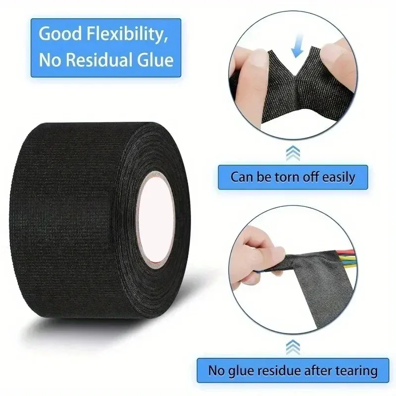 Automotive Flannel Fabric Tape - Heat Resistant, Waterproof, Soundproof Electrical Insulating Tape for Car Wiring Harness Protection, 9mm-50mm Width, 10m-25m Length, Black showcase 5