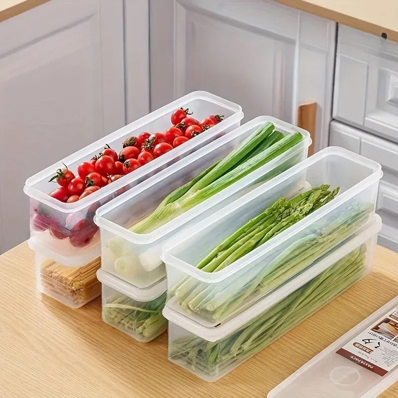 4 Pcs Long Rectangular Food Storage Containers, Reusable Plastic Refrigerator Organizer Boxes, Kitchen Food Storage Accessories for Fridge and Pantry
